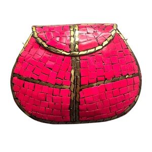 Ramla Hot Pink Gold Handmade Tile Clutch Crossbody Shoulder Bag NWOT